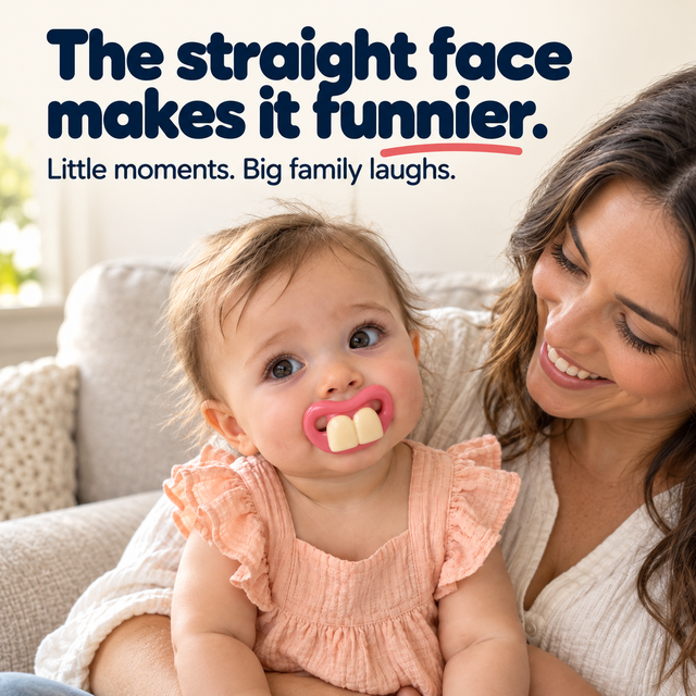 Parent beside a serious-looking toddler wearing the funny teeth pacifier