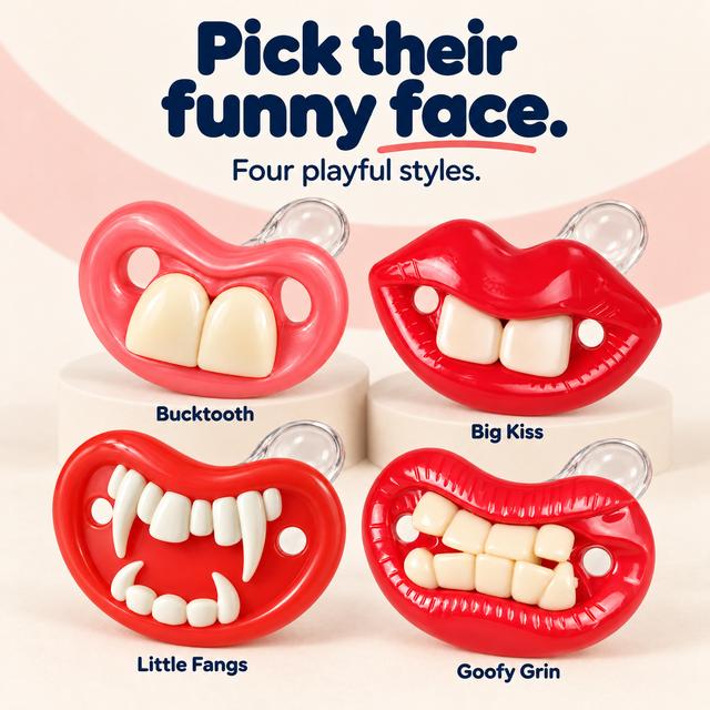 Four available funny pacifier styles: Bucktooth, Big Kiss, Little Fangs and Goofy Grin