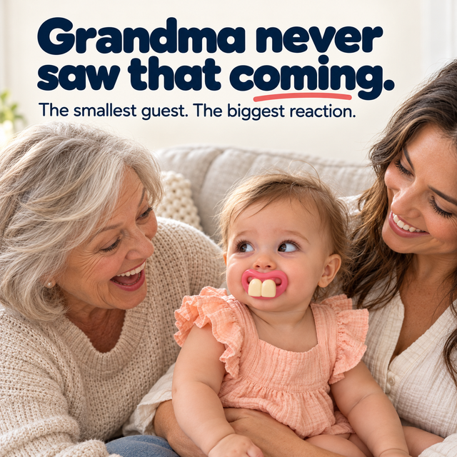 Grandmother and mother laughing beside a toddler wearing a pink funny pacifier