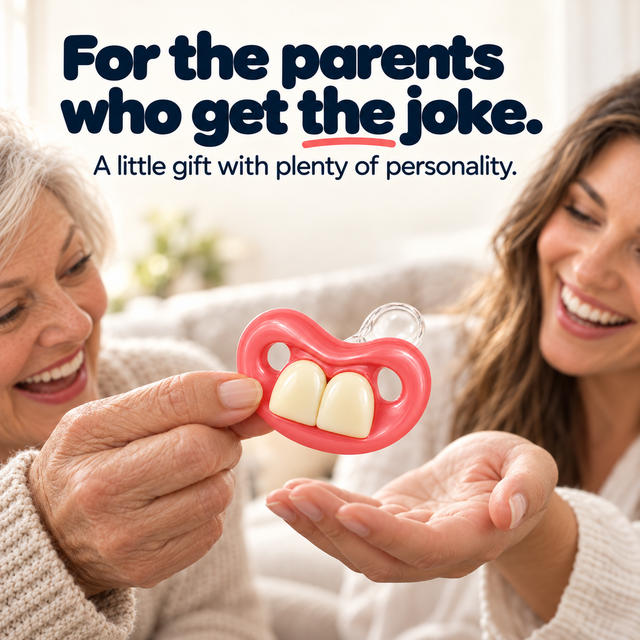 Grandmother presenting the funny teeth pacifier as a playful gift