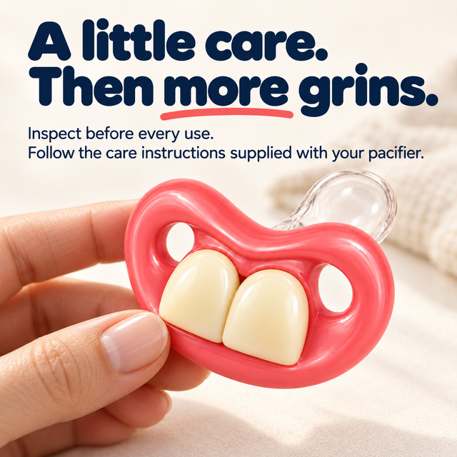 Hand inspecting the funny teeth pacifier before use