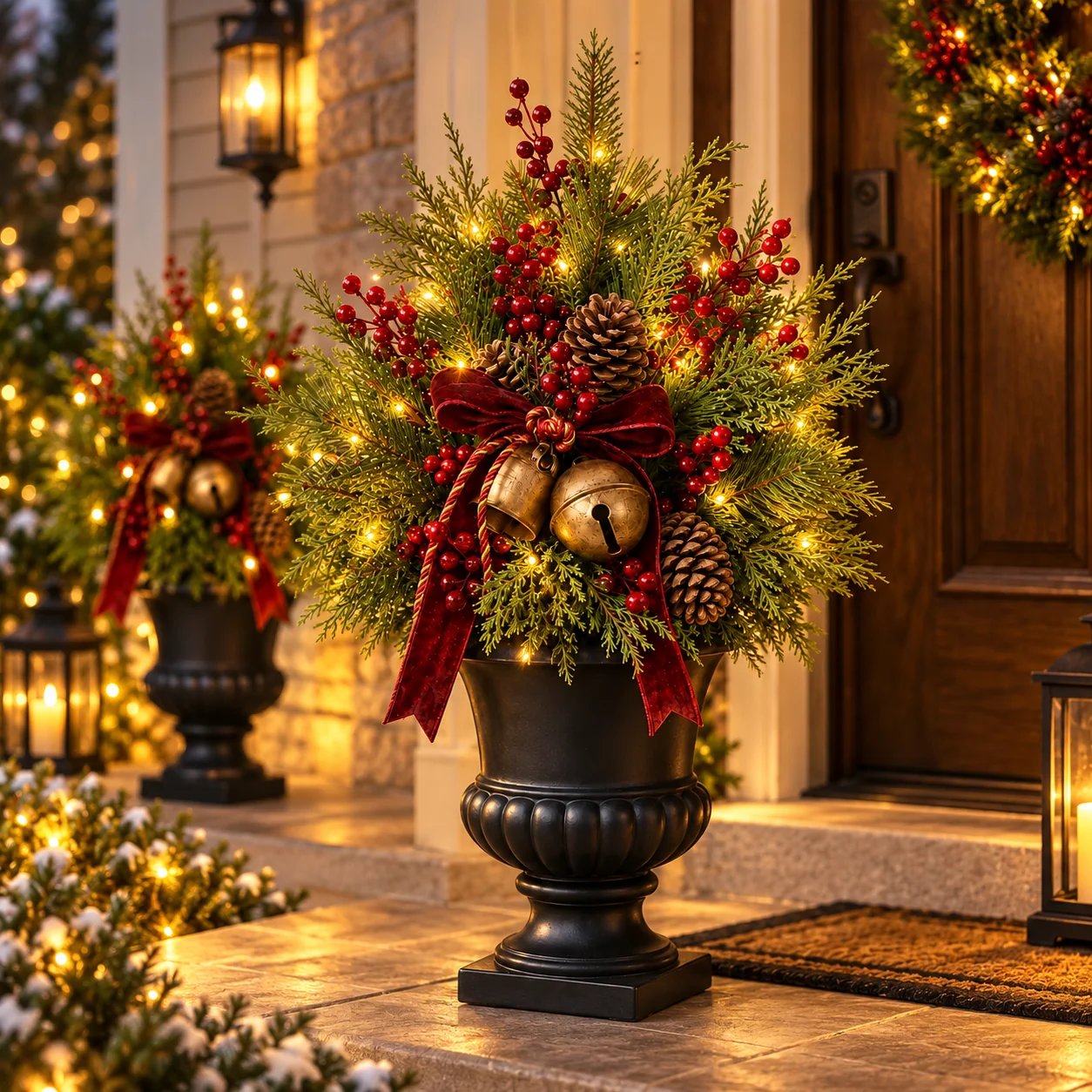 Illuminated Christmas greenery display