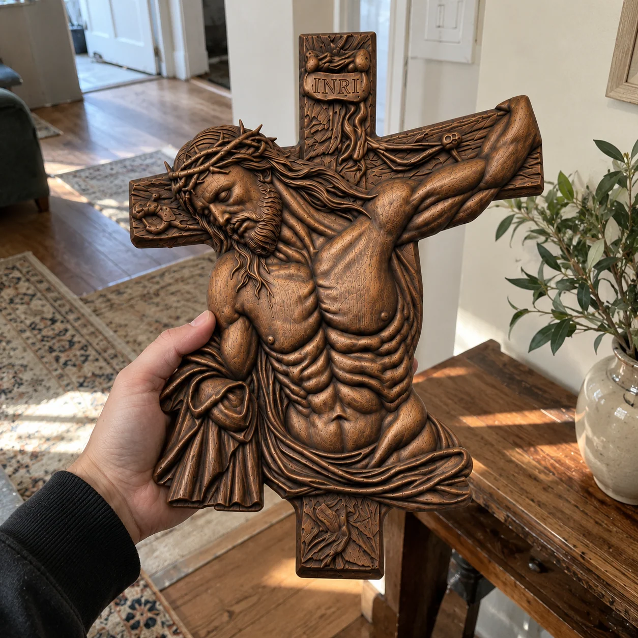 Beech wood crucifix for Christian home and prayer
