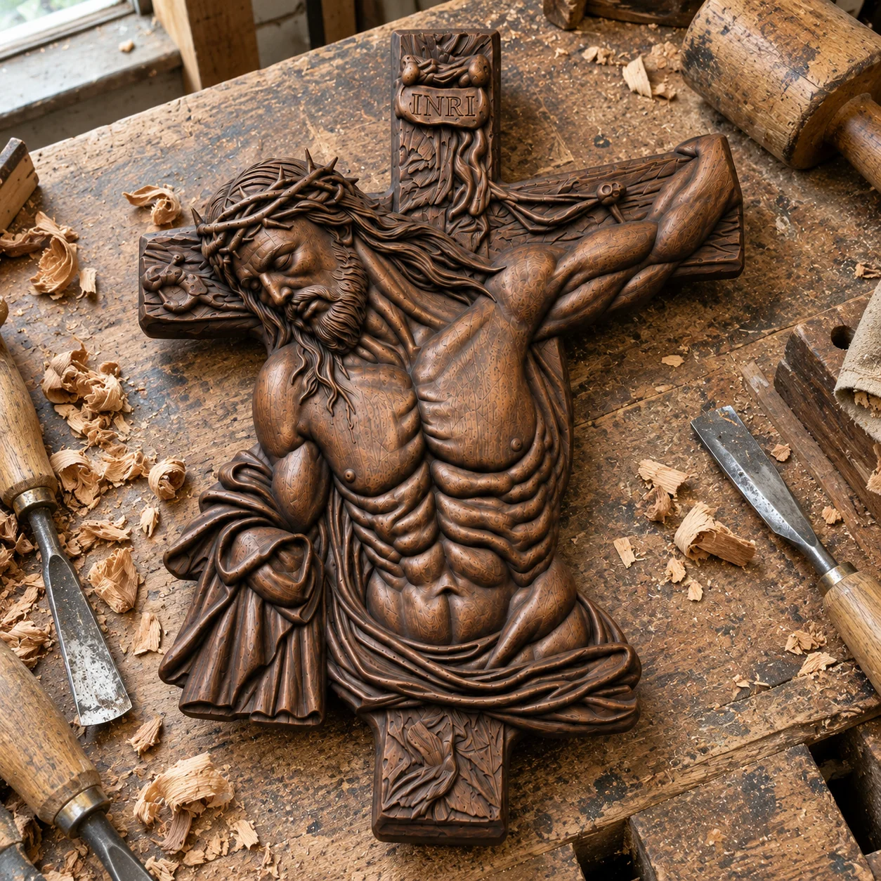 Hand-carved beech wood crucifix craftsmanship