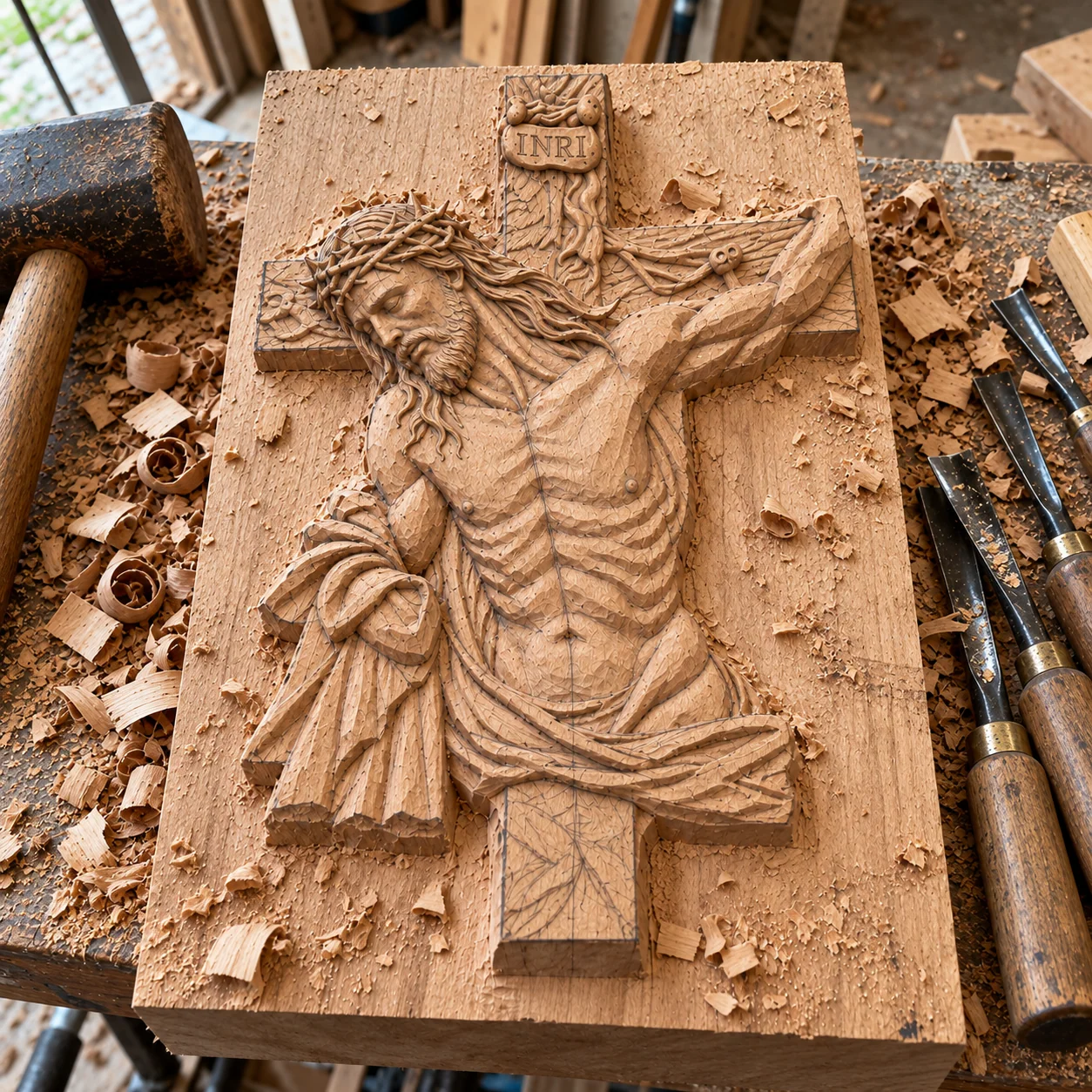 Hand-carved beech wood Jesus Christ crucifix