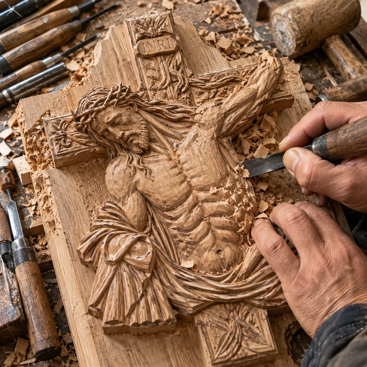 Hand-carved details of Jesus Christ crucifix