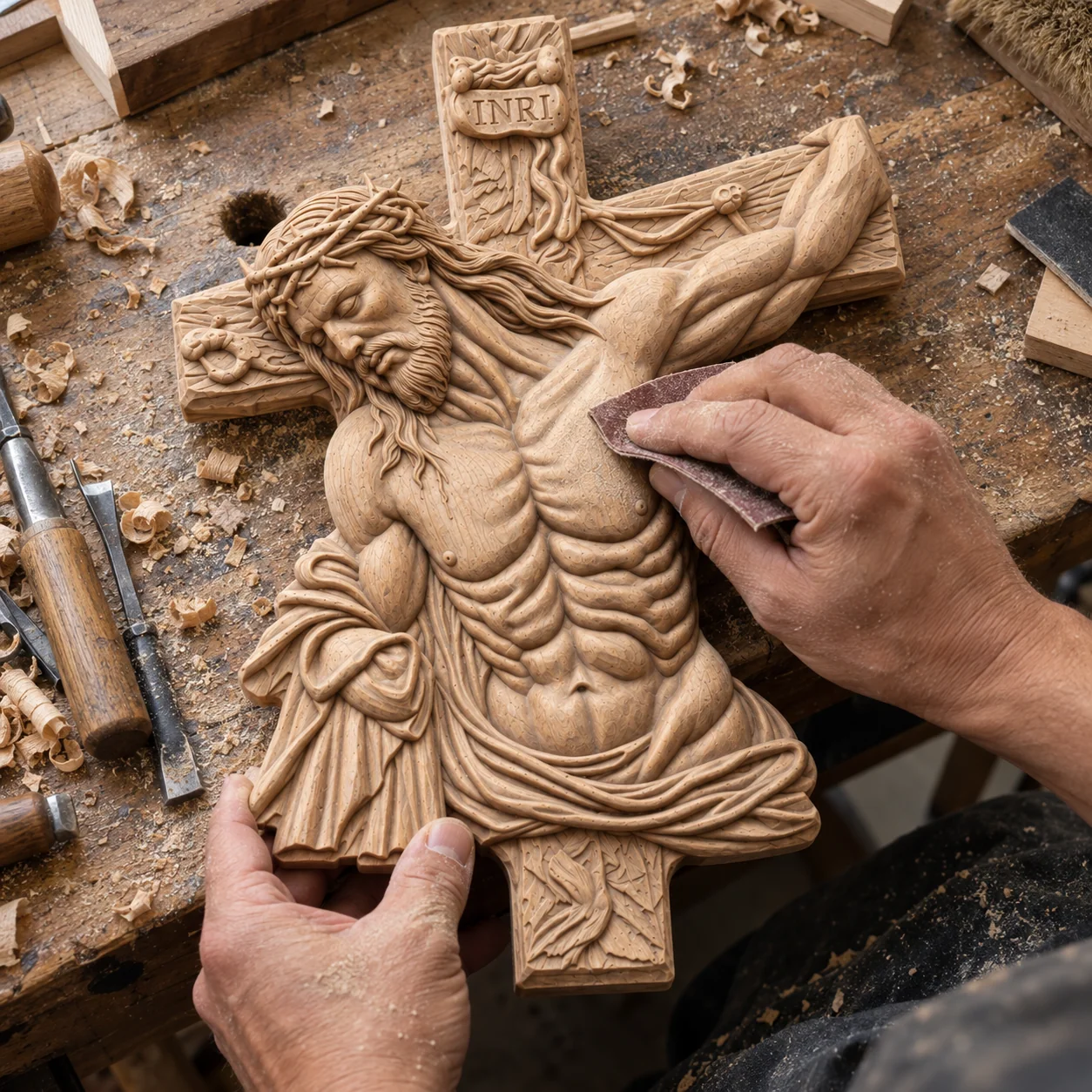 Close detail of hand-carved wooden Jesus figure