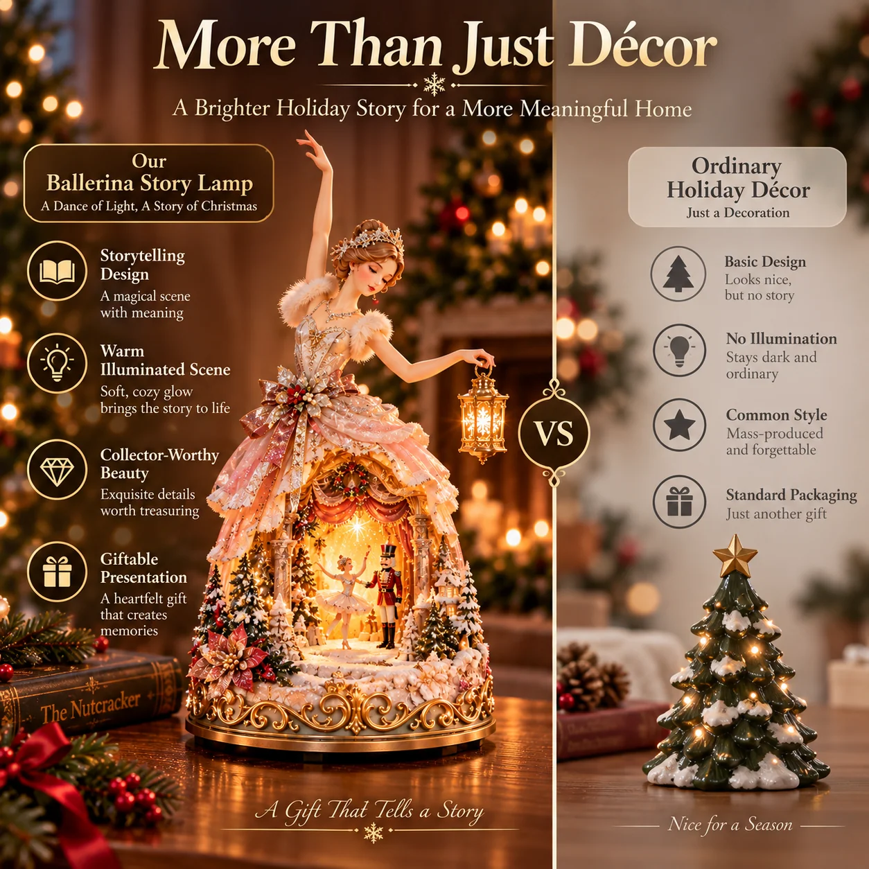 Winter Ballerina Story Lamp compared with ordinary Christmas decor