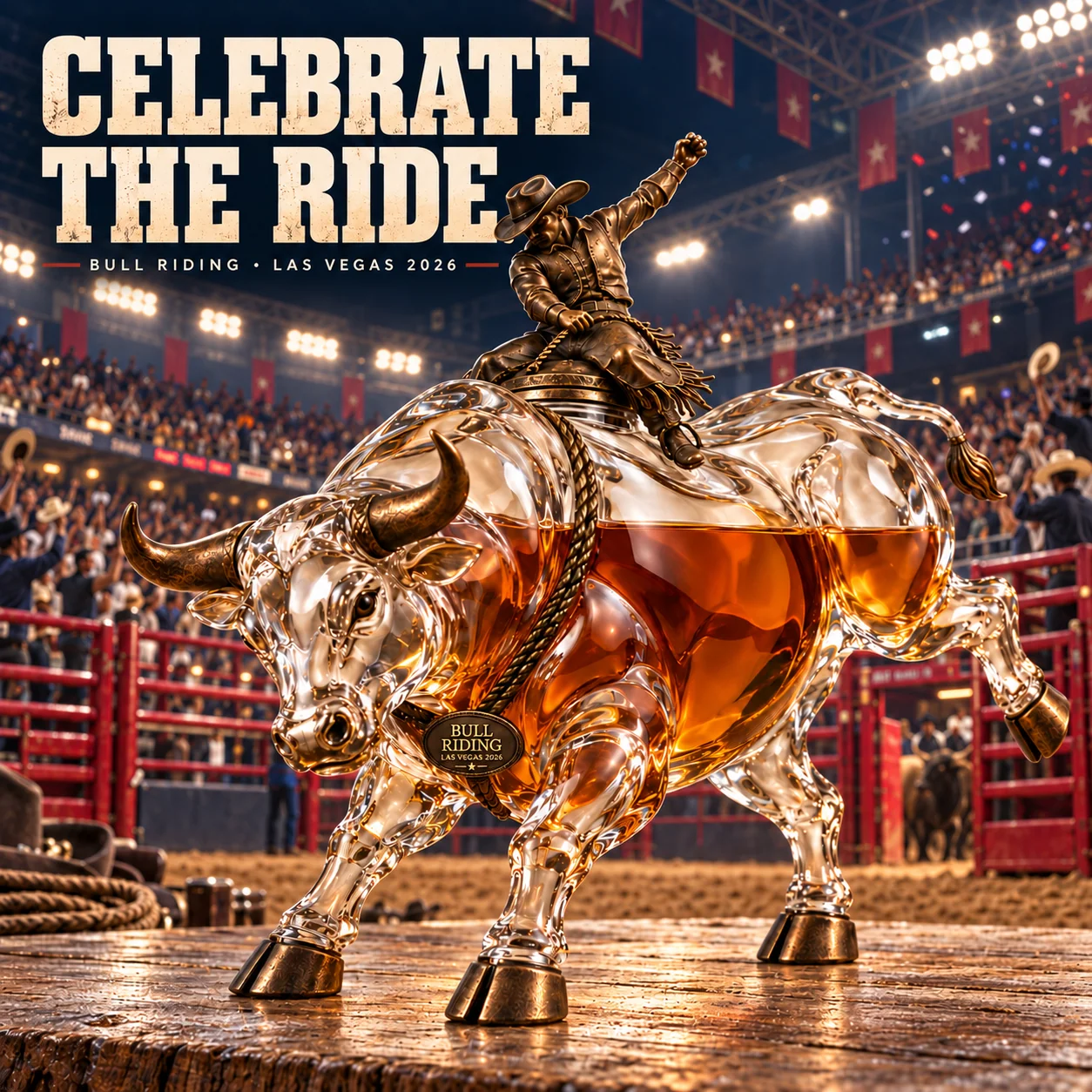 Sculptural transparent bull whiskey decanter shown from another angle