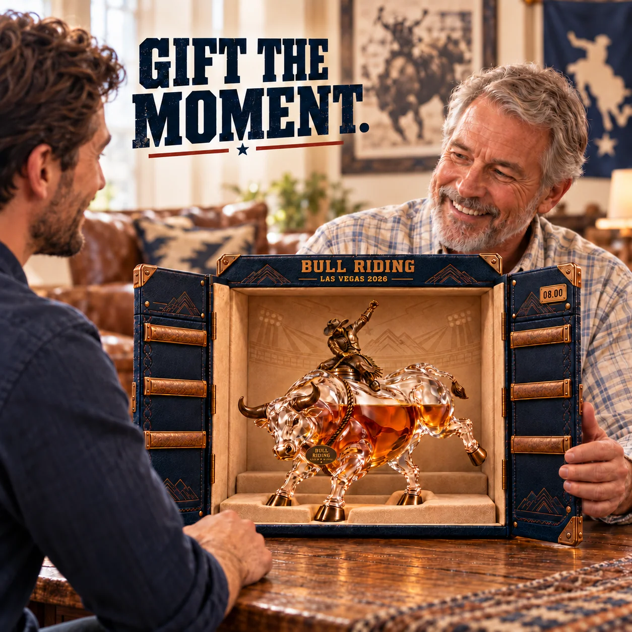 Eight Seconds bull rider whiskey decanter lifestyle and display image