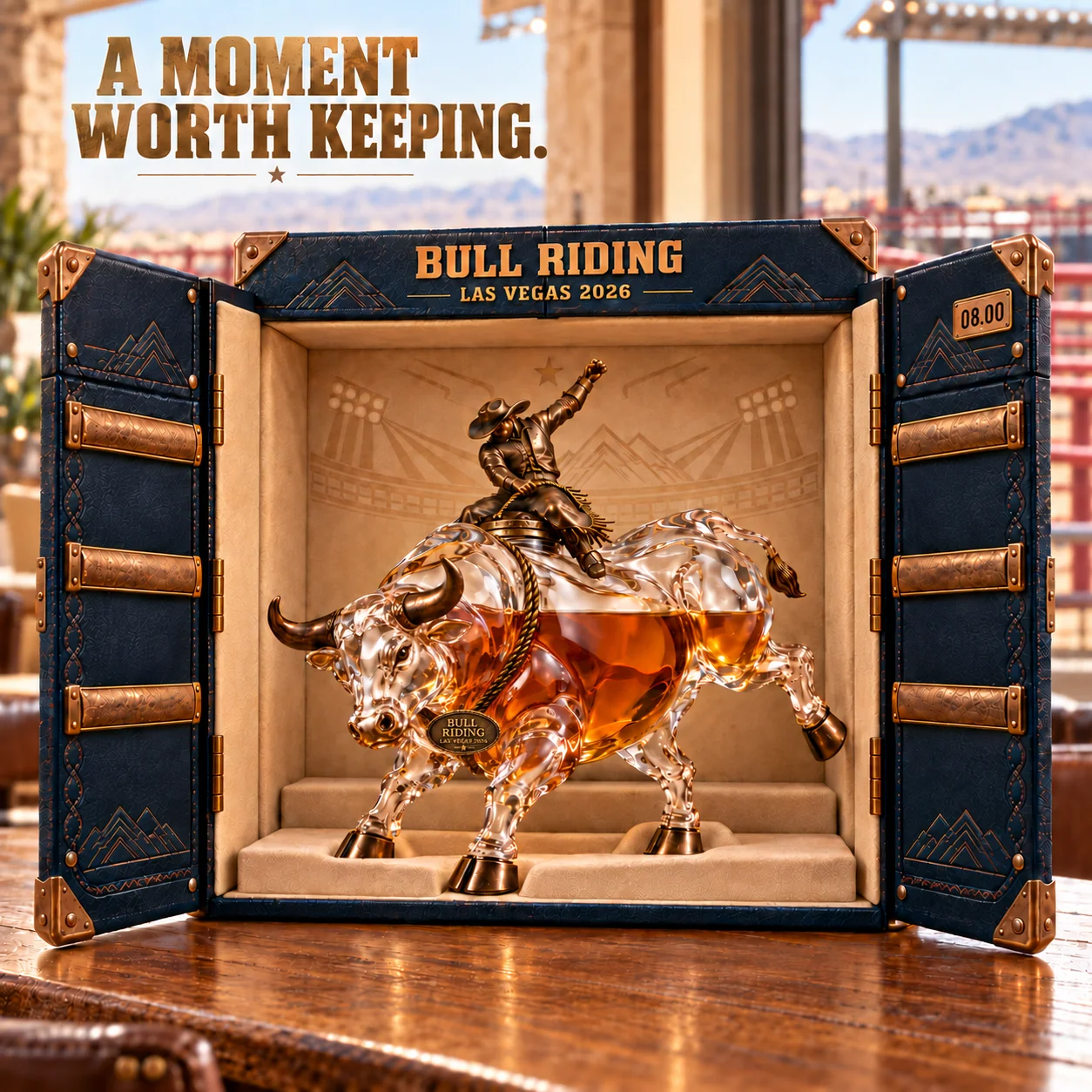 Eight Seconds bull rider collectible whiskey decanter presentation view