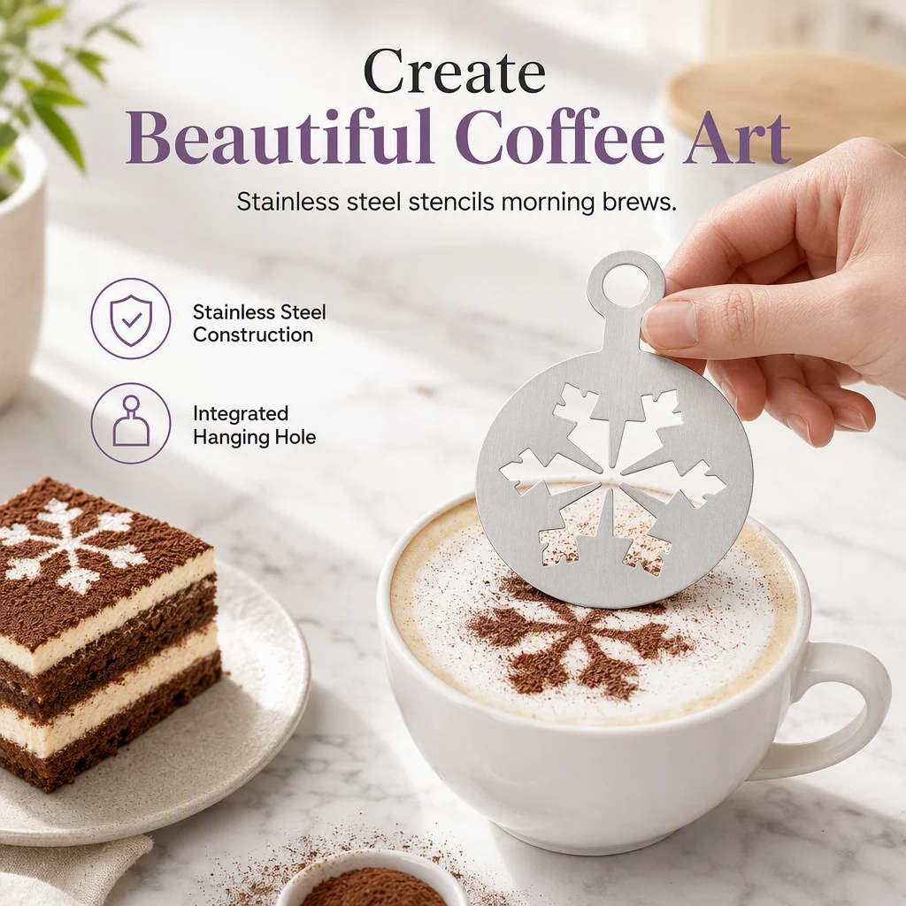 Stainless steel coffee latte art stencil template delivering sharp cocoa pattern