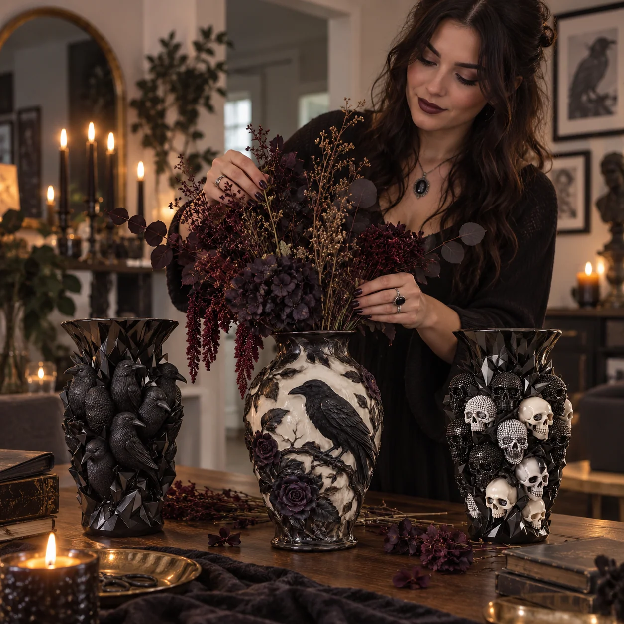Gothic vases transforming a modern console