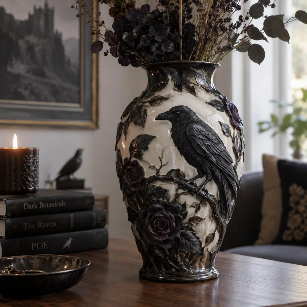 Raven and Rose decorative sculptural vase