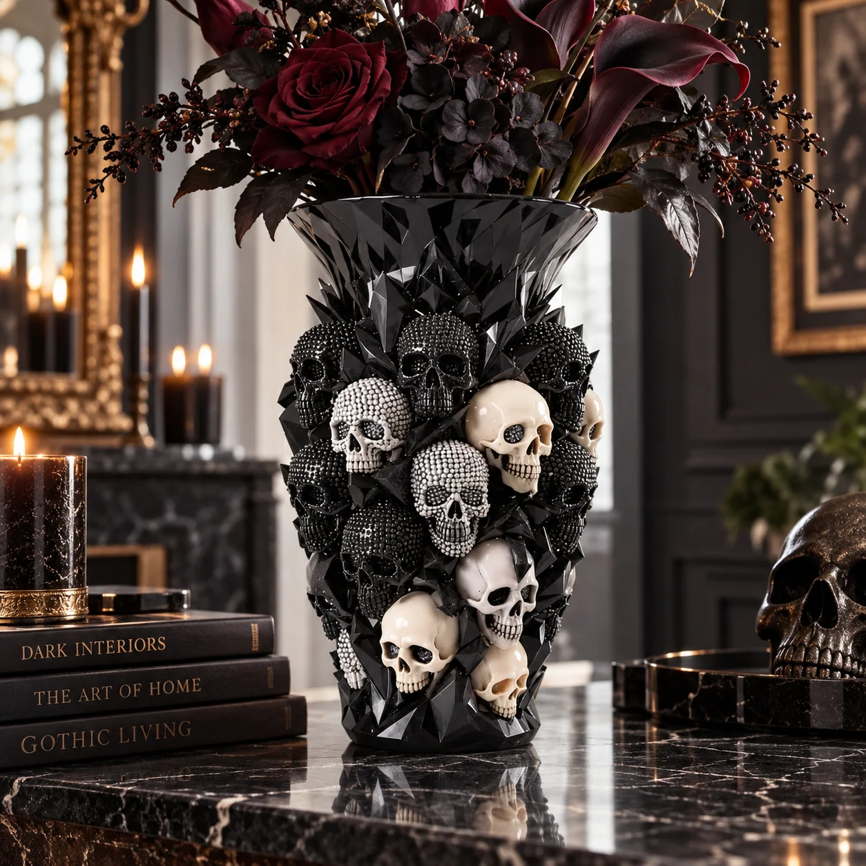 Crystal Skull vase arranged with dark red flowers