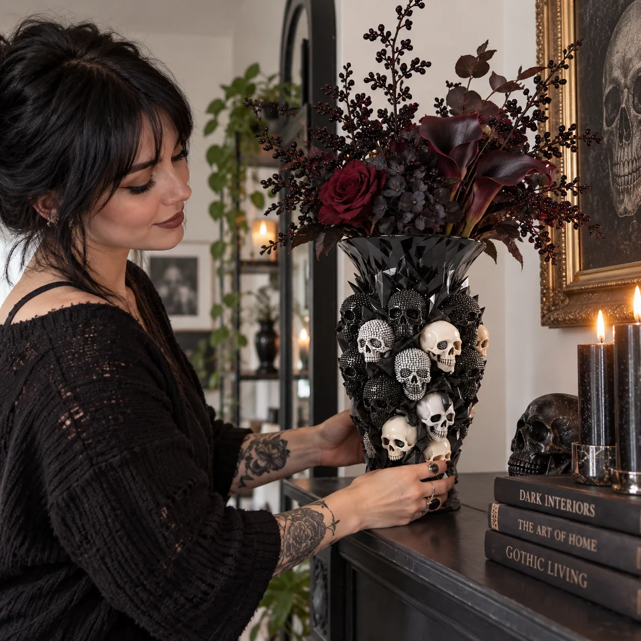 Crystal Skull vase styled in a candlelit gothic room
