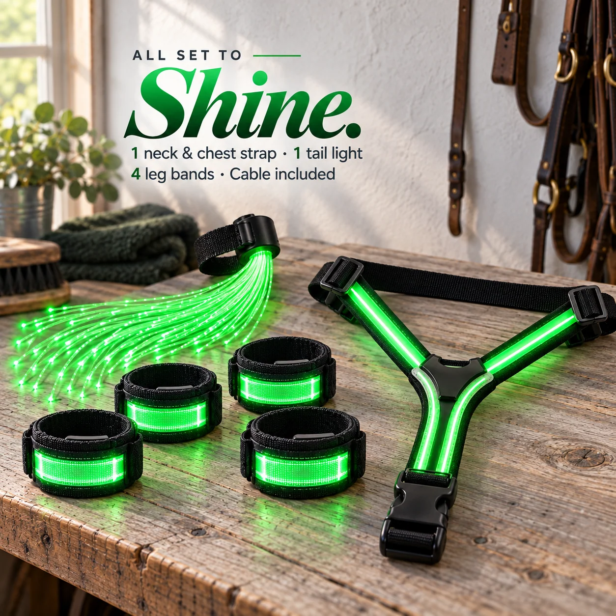 Coordinated light-up accessories for the horse's chest, legs and tail