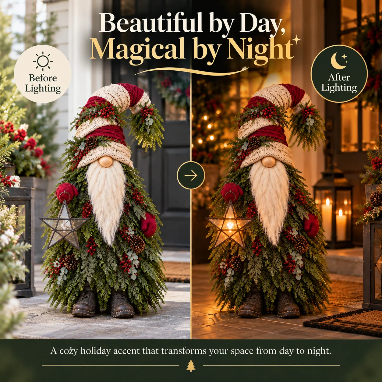 Evergreen Star Gnome before and after lighting