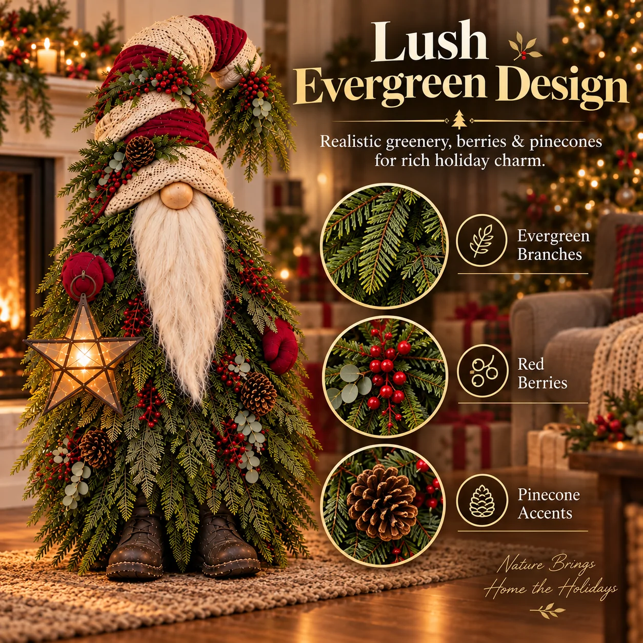 Evergreen greenery berries and pinecone details