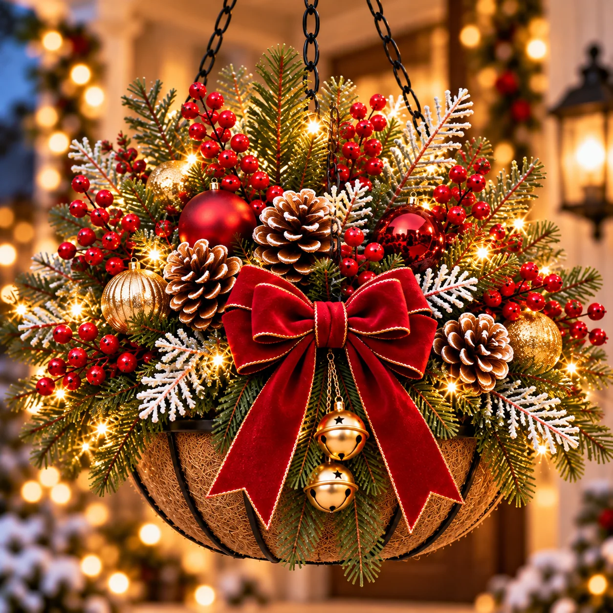 Christmas hanging basket lights off and lights on comparison