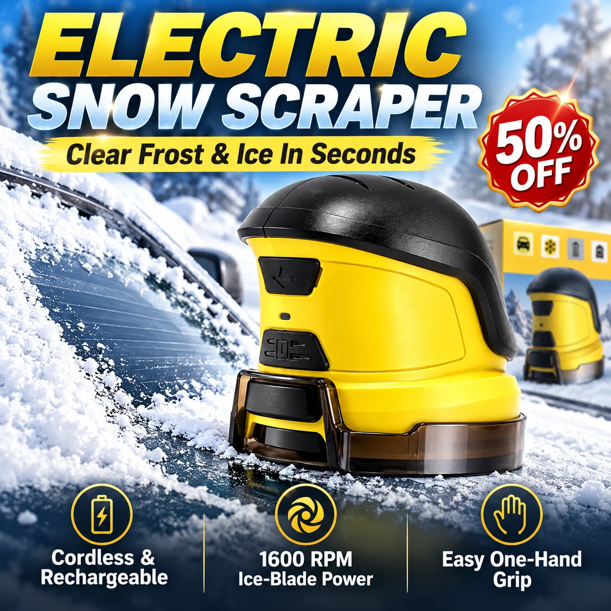Electric snow scraper features and rotating blade details