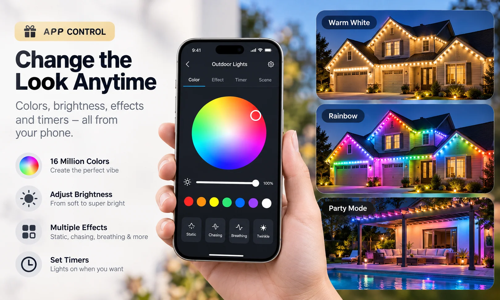 Phone app with outdoor light color, brightness, effects and timer controls