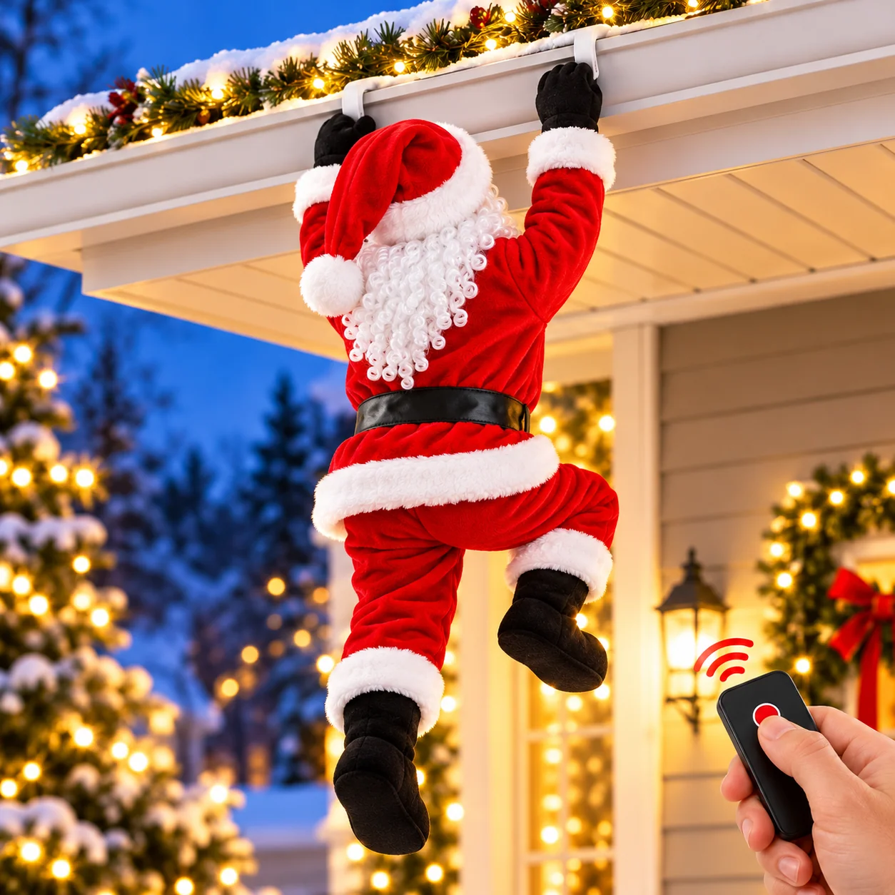 Remote-controlled Santa hanging at a decorated roofline
