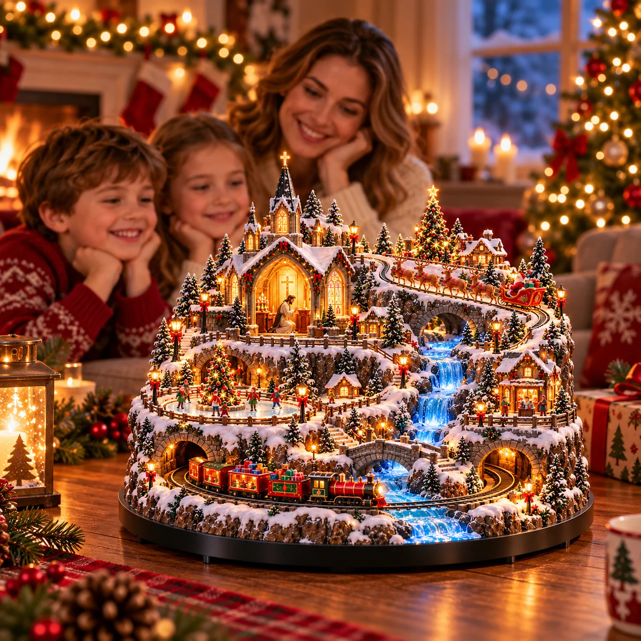 Family enjoying a detailed illuminated Christmas village together