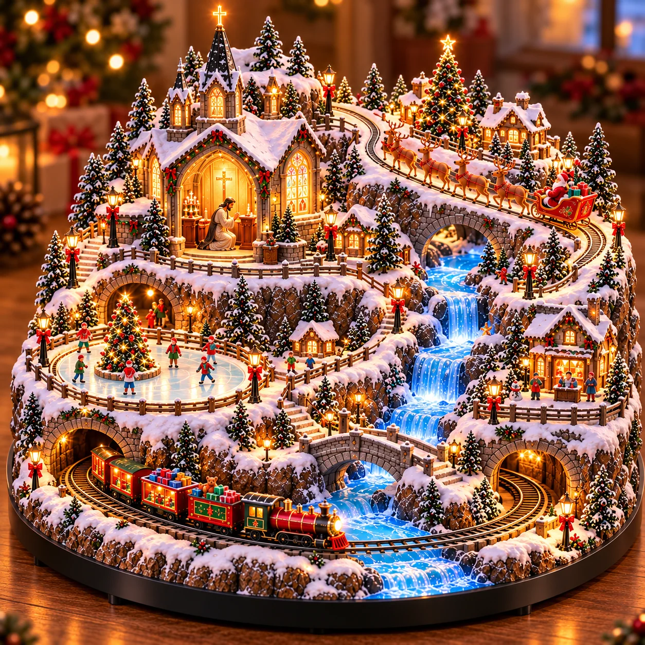 Illuminated Christmas village with train, chapel, reindeer sleigh and waterfall