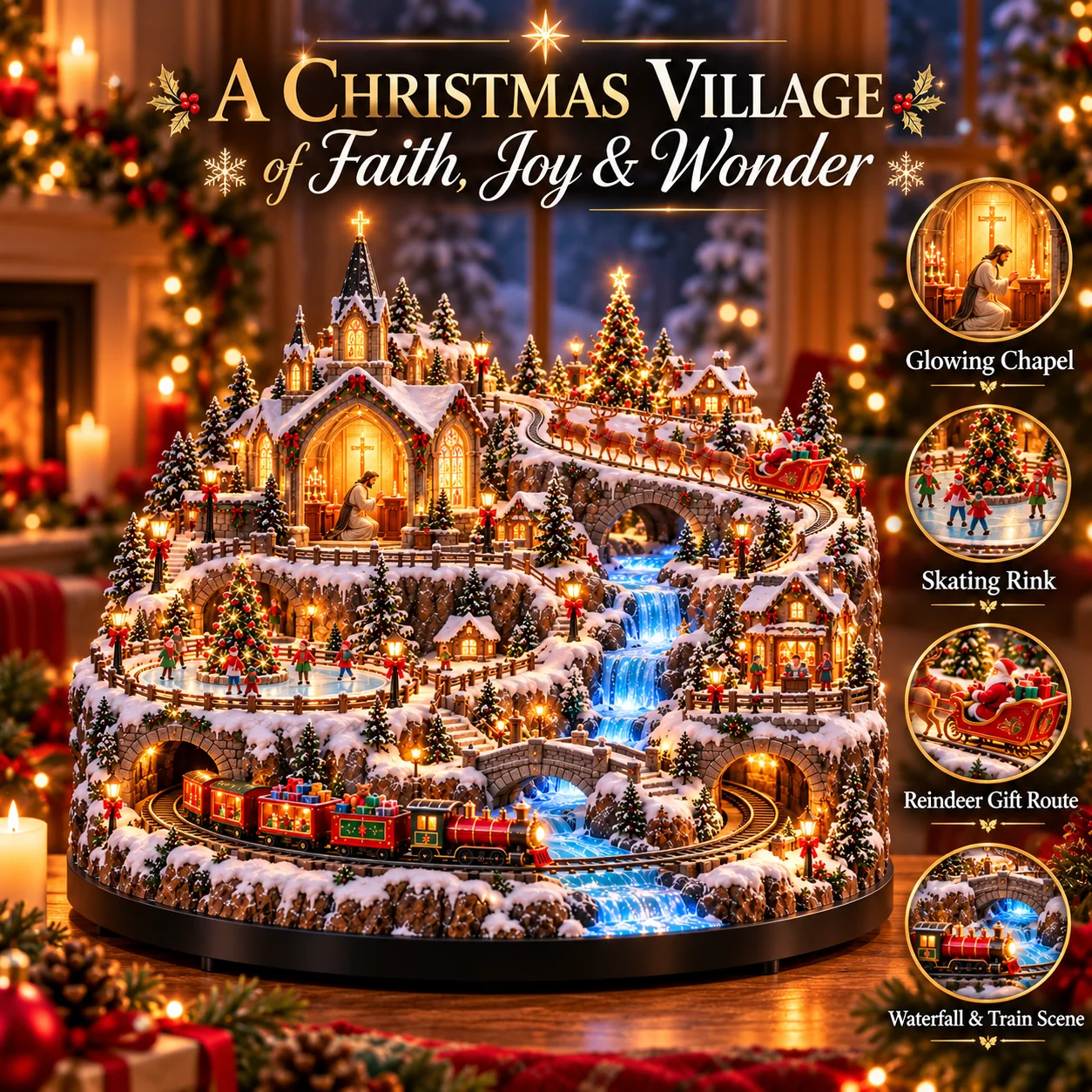 Christmas village overview featuring chapel, skating rink, train and waterfall