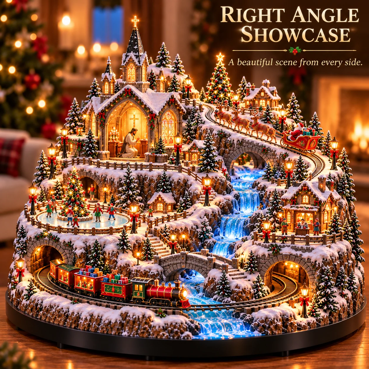 Angled view of detailed Christmas village display