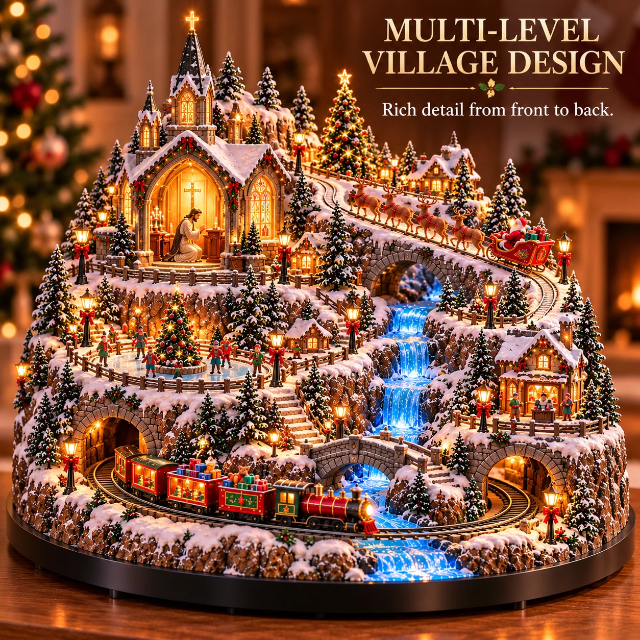 Multi-level Christmas village with snowy buildings and festive train