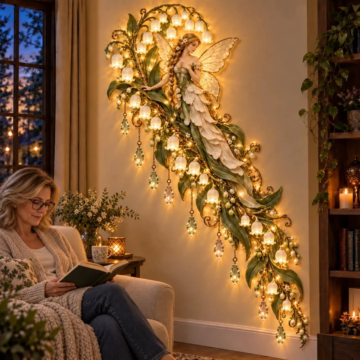 Woman reading beside an illuminated Lily of the Valley flower fairy wall decoration