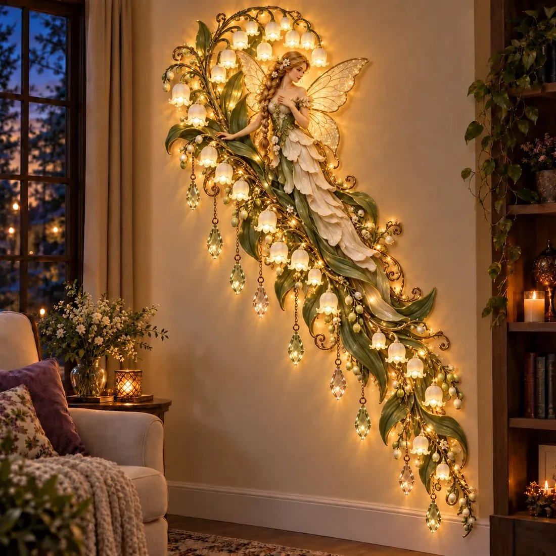 Illuminated Lily of the Valley flower fairy wall decoration in a cozy room
