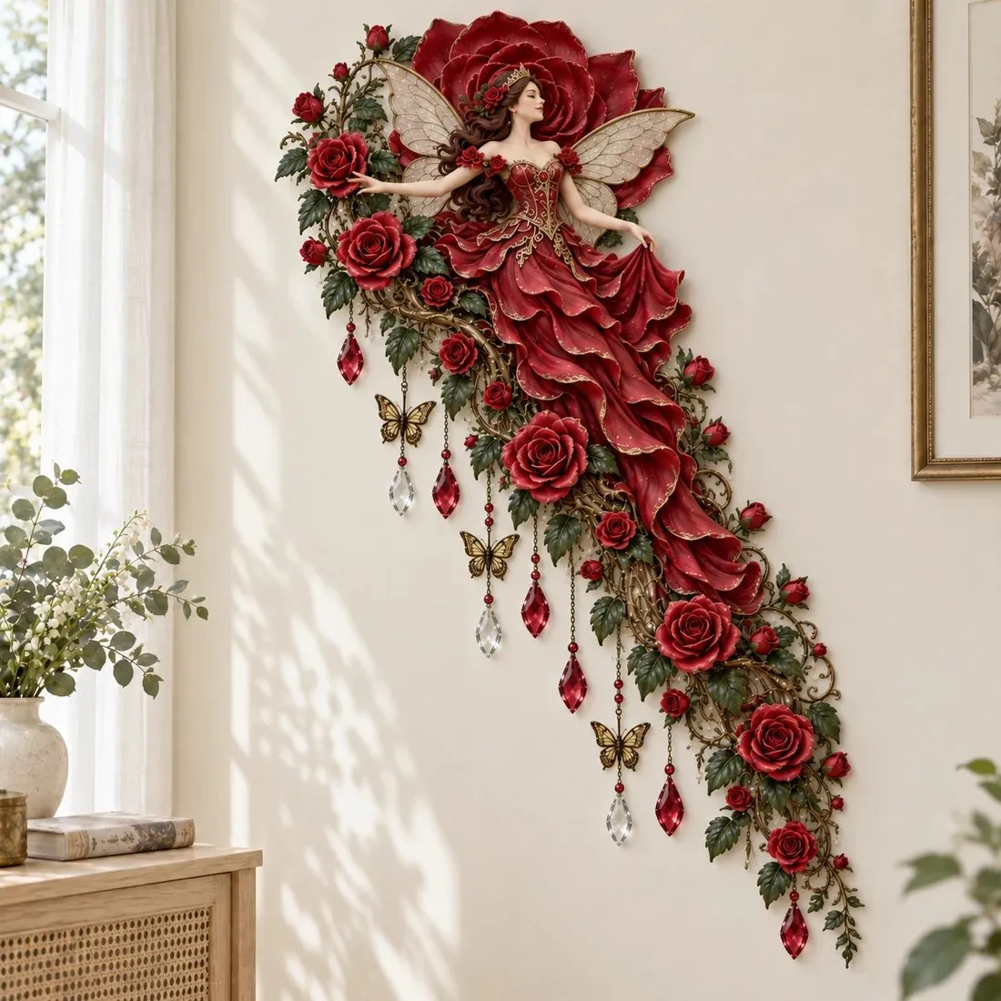 Rose flower fairy with deep red roses and a long red dress
