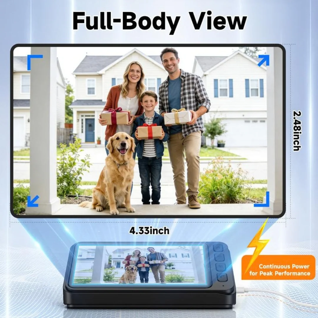 EntryView 4.3-inch indoor monitor showing a full doorway view