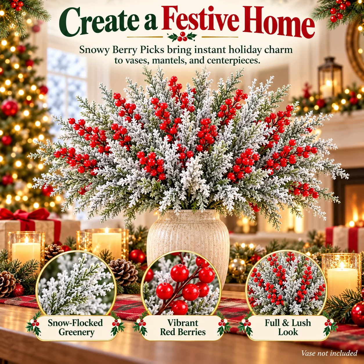 Frosted holiday greenery and red berry decorative stems for Christmas floral arrangements
