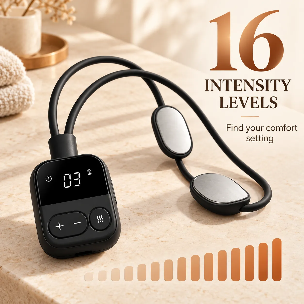 Neck massager featuring sixteen adjustable intensity levels