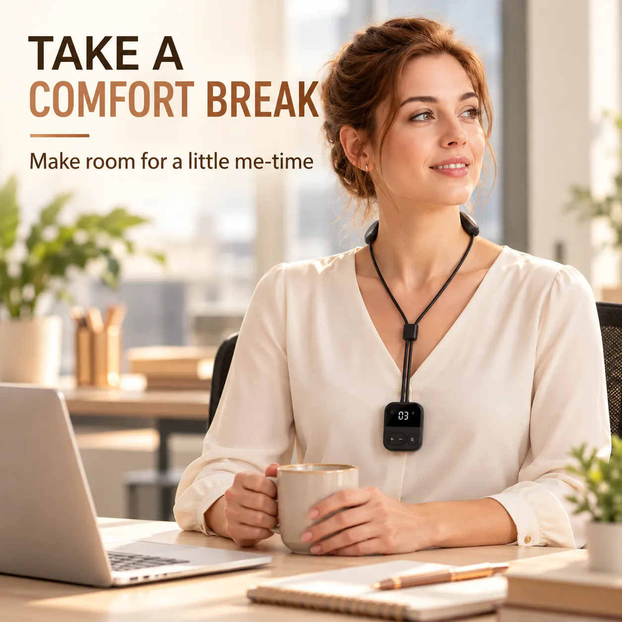Woman wearing the pendant neck relaxer during an office break