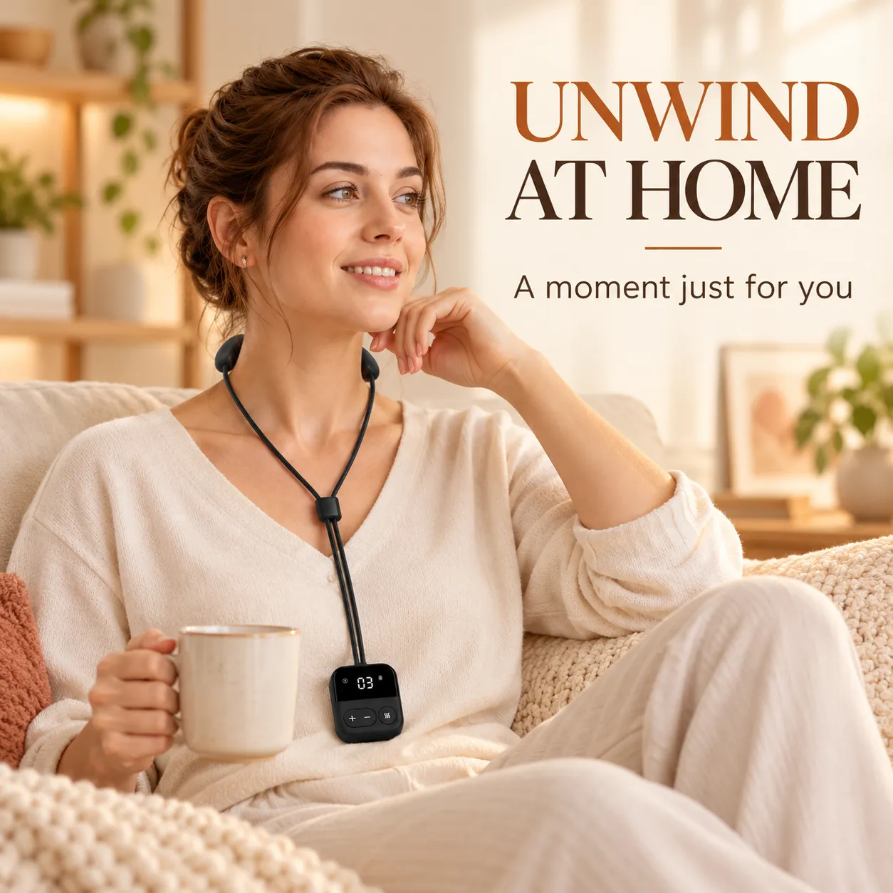 Woman wearing the pendant neck massager while relaxing at home