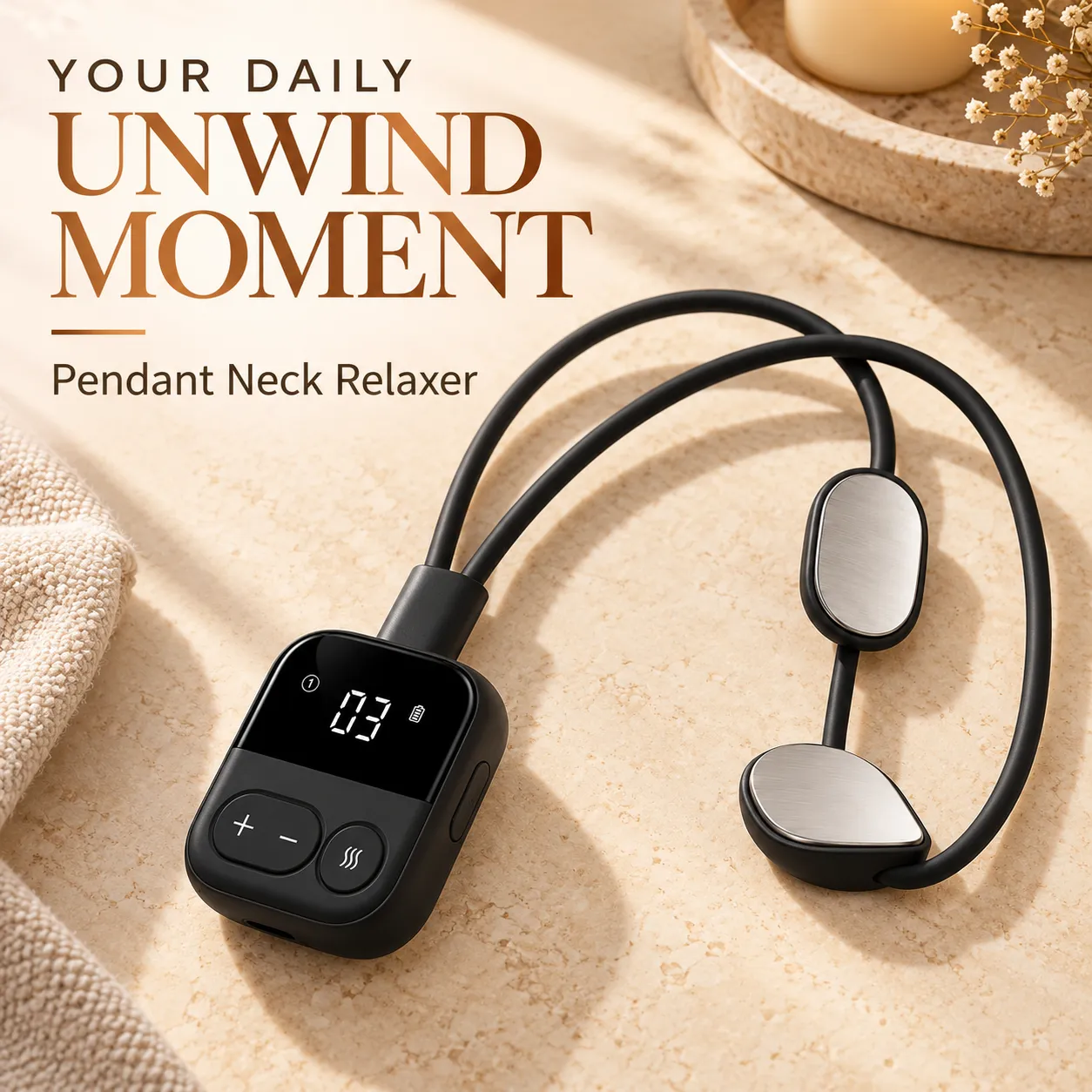 Black pendant neck massager with heat on a cream surface