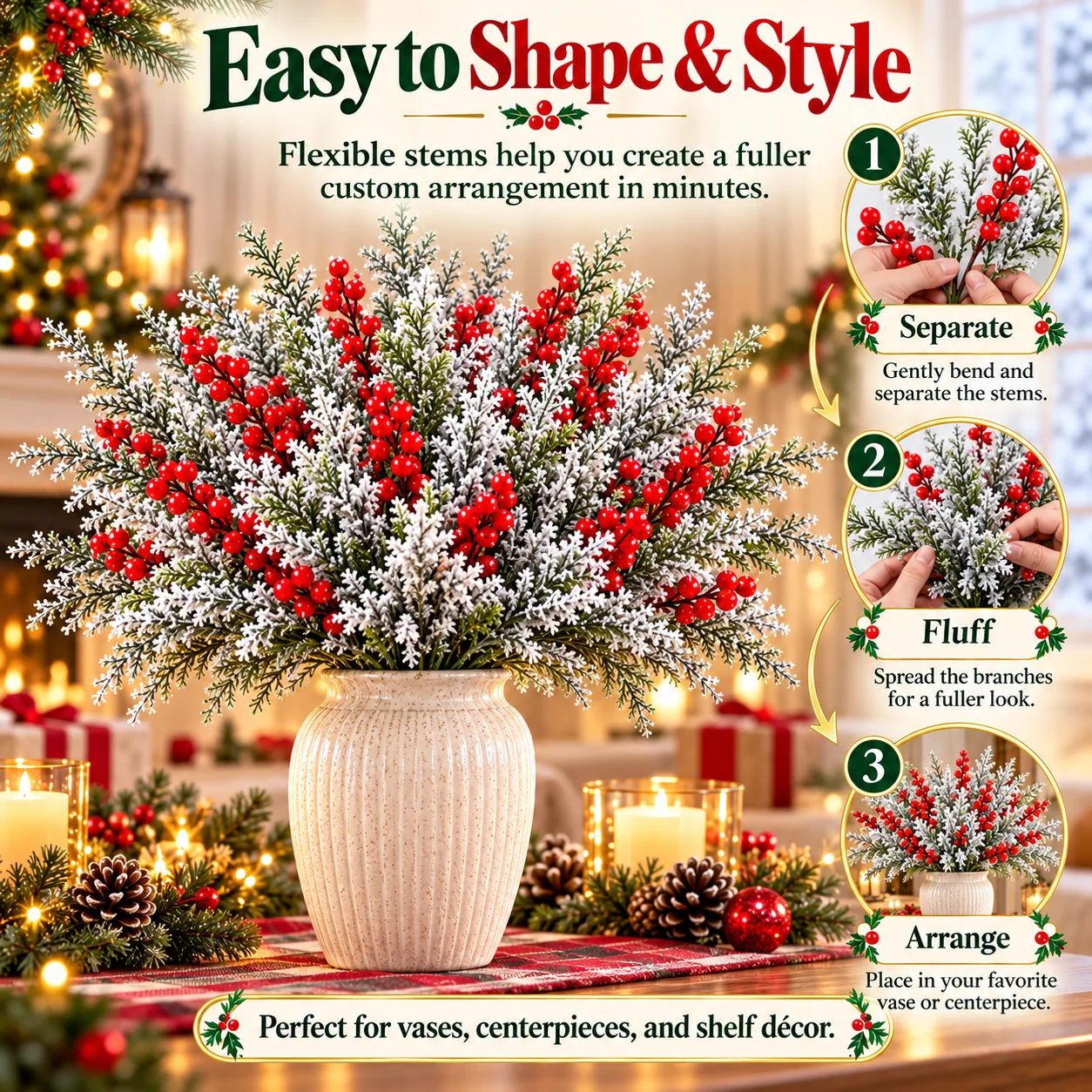 Snowy evergreen-style Christmas foliage with decorative red berries in a cozy indoor setting