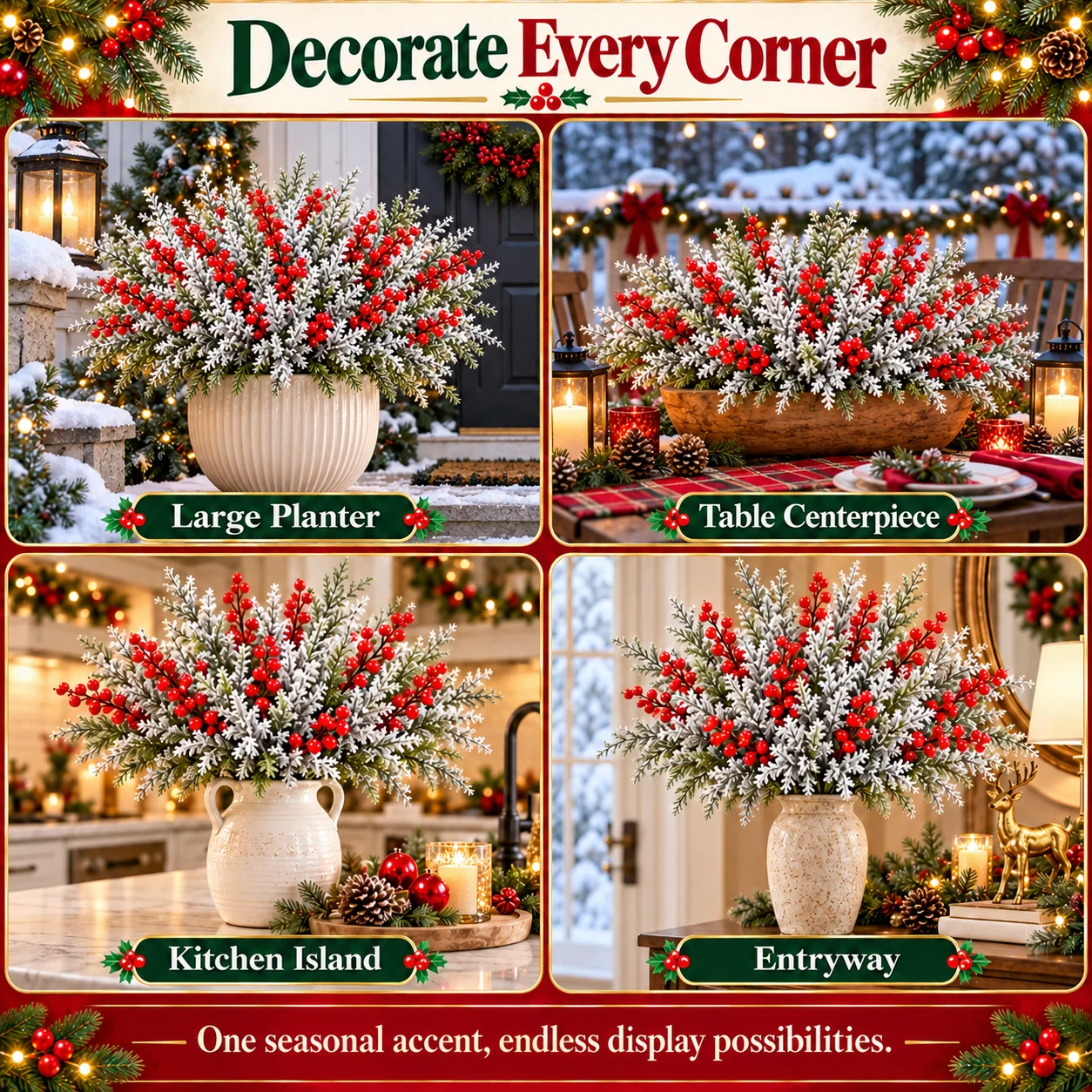 Frosted Christmas greenery and red berry stems in an elegant holiday home setting