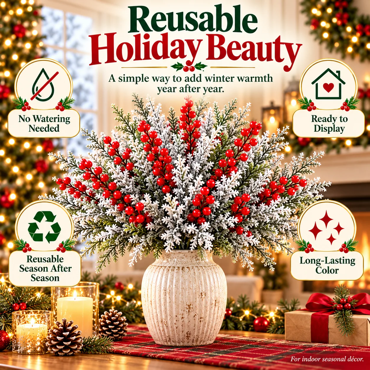 Winter-themed decorative greenery with snowy branches and red berry details