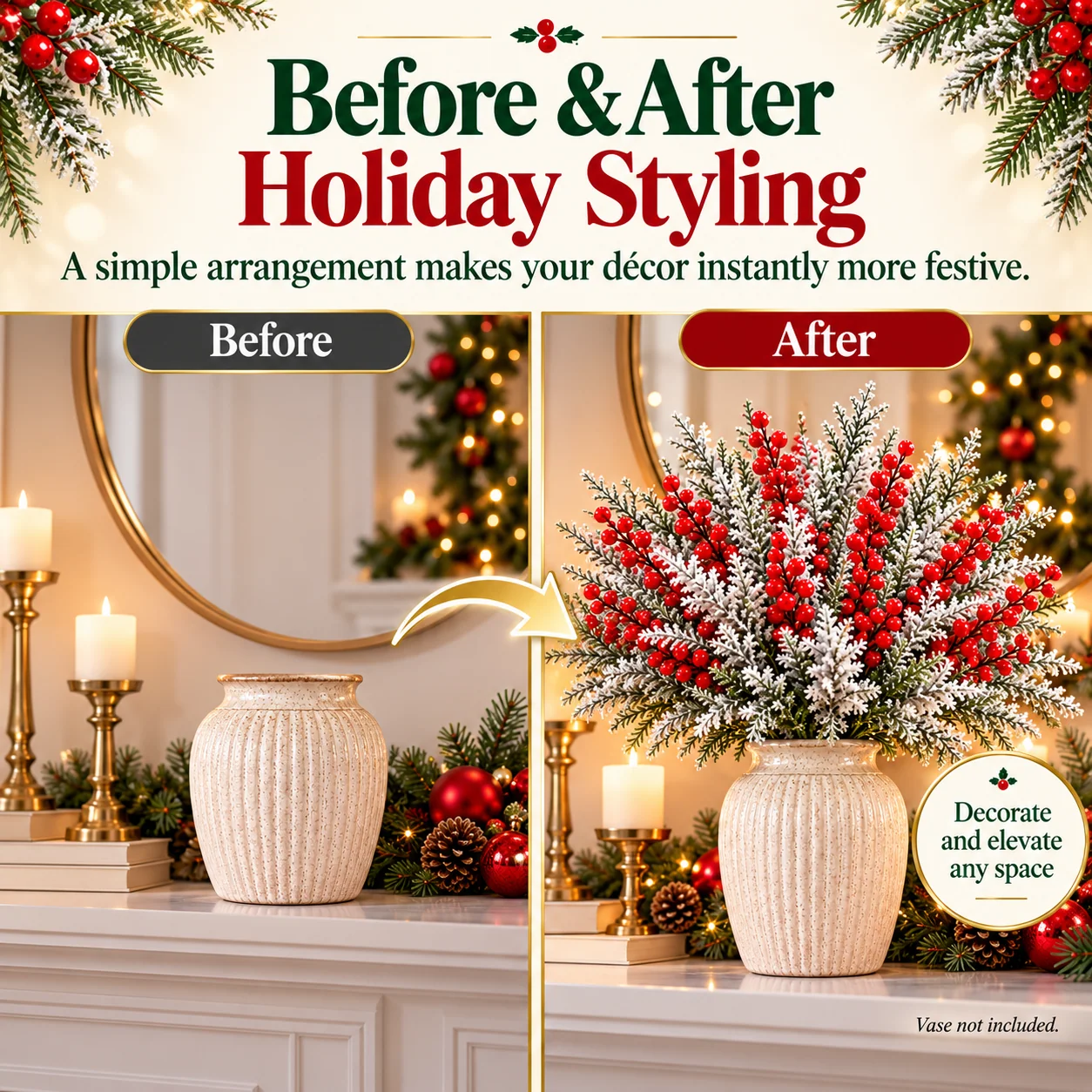 Frosted Christmas greenery and festive red berries arranged for holiday home decor