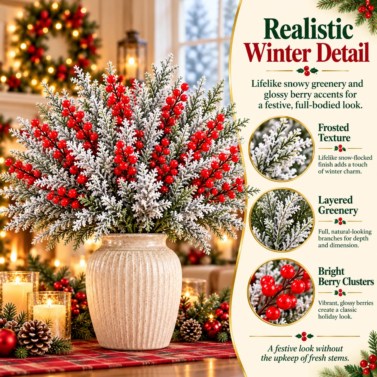 Christmas red berry and frosted greenery arrangement displayed as festive interior decor
