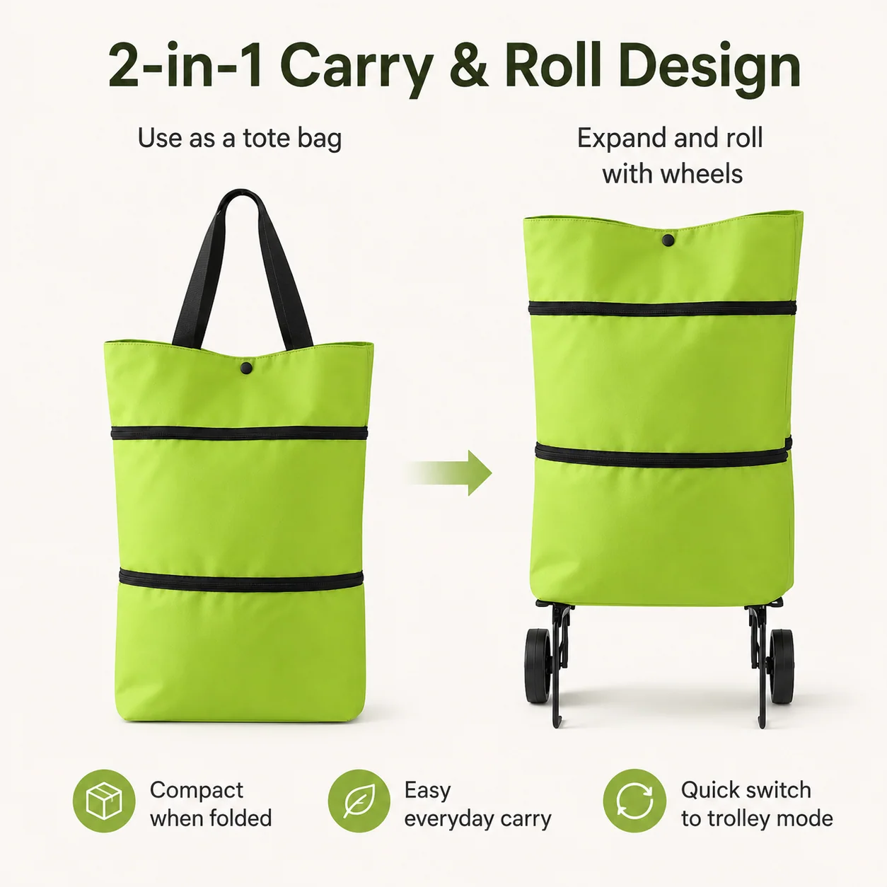 Foldable grocery trolley bag showing its practical carrying design