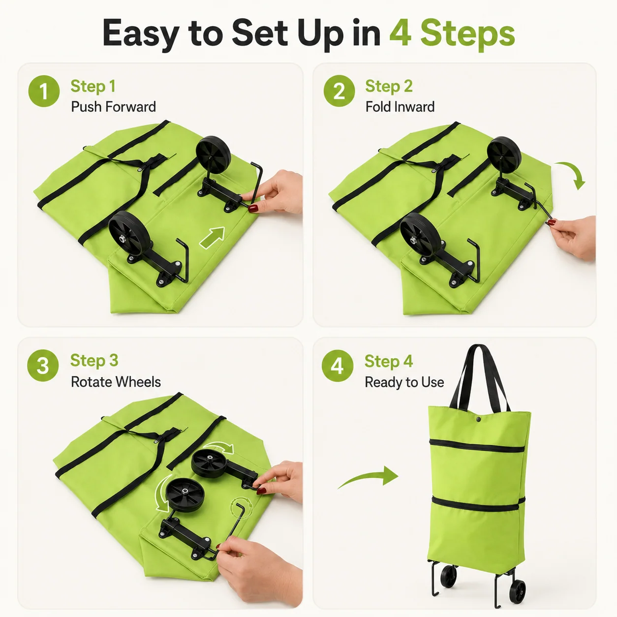 Foldable shopping bag with wheels and practical storage design