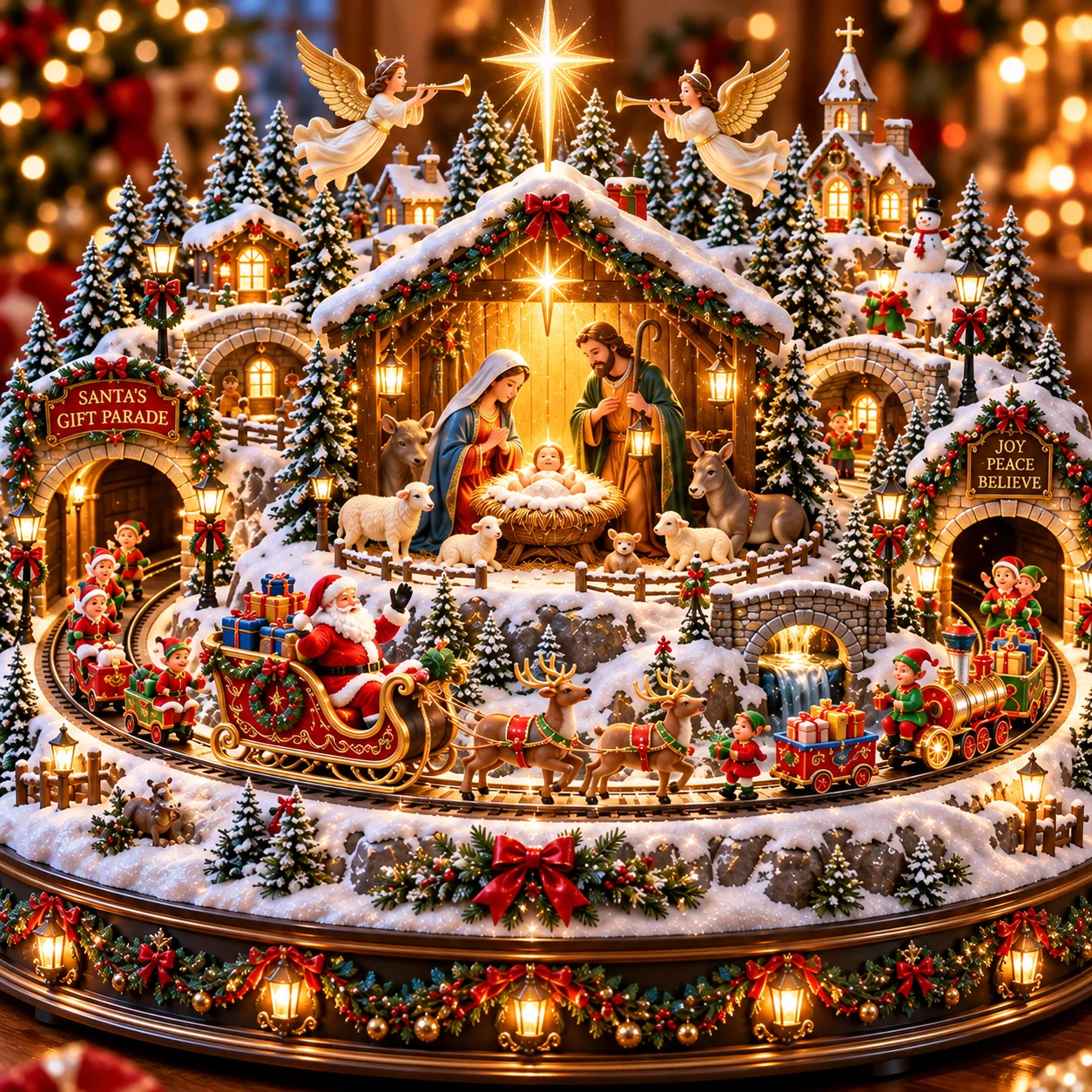 Close-up of the Holy Family beneath the Christmas star with angels, sheep and snowy village buildings