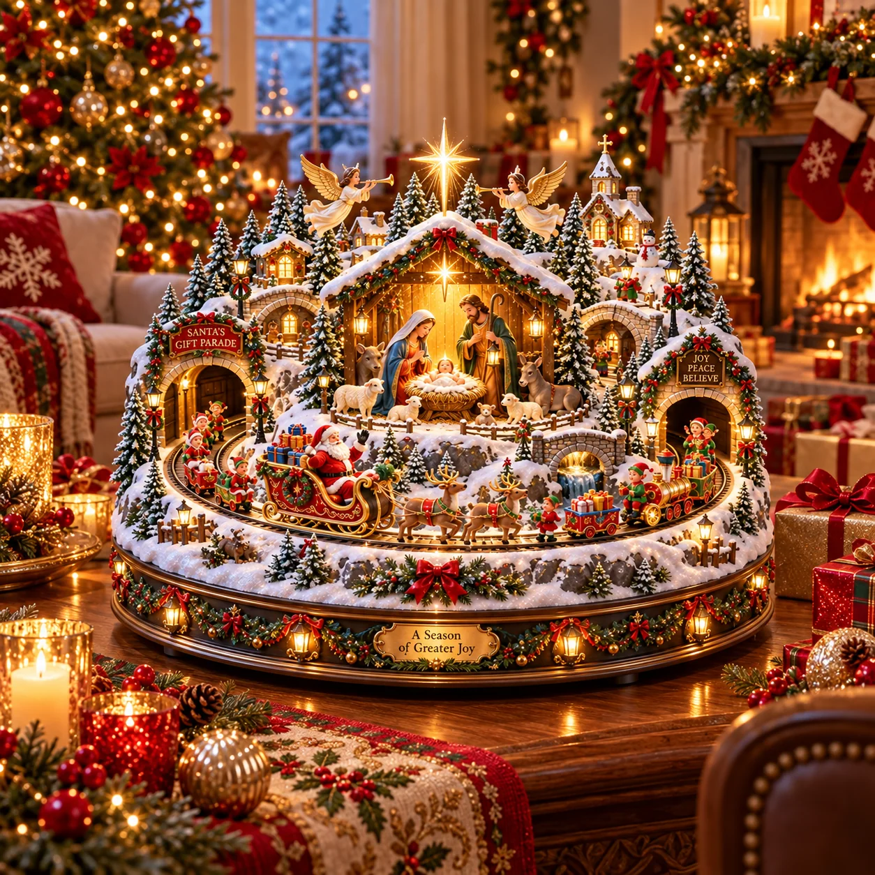 Nativity and Santa's Christmas Gift Parade illuminated village displayed in a cozy Christmas living room